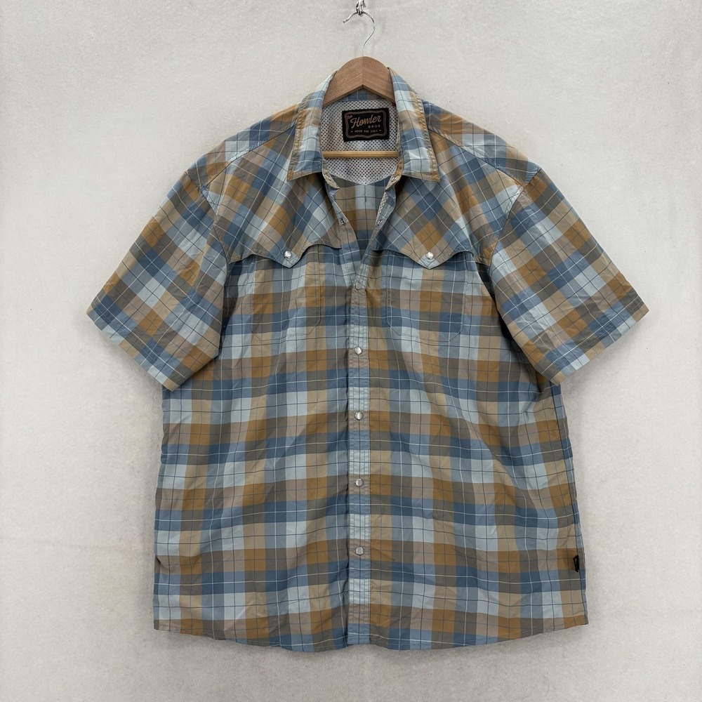 Howler Brothers Open Country Tech Shirt Mens XL Blue Plaid Pearl Snap Cowboy